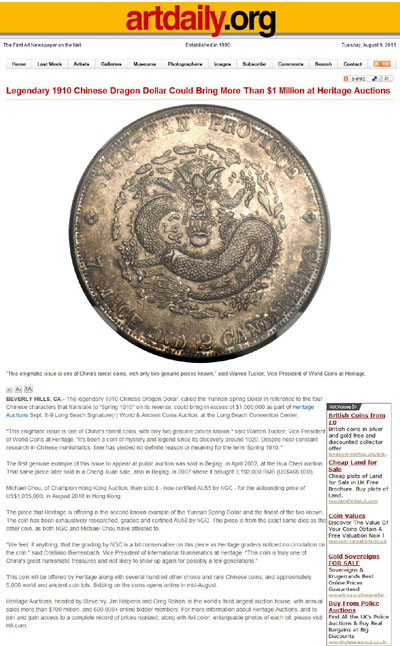 Legendary 1910 Chinese Dragon Dollar Could Bring More Than 1 Million at Heritage Auctions
